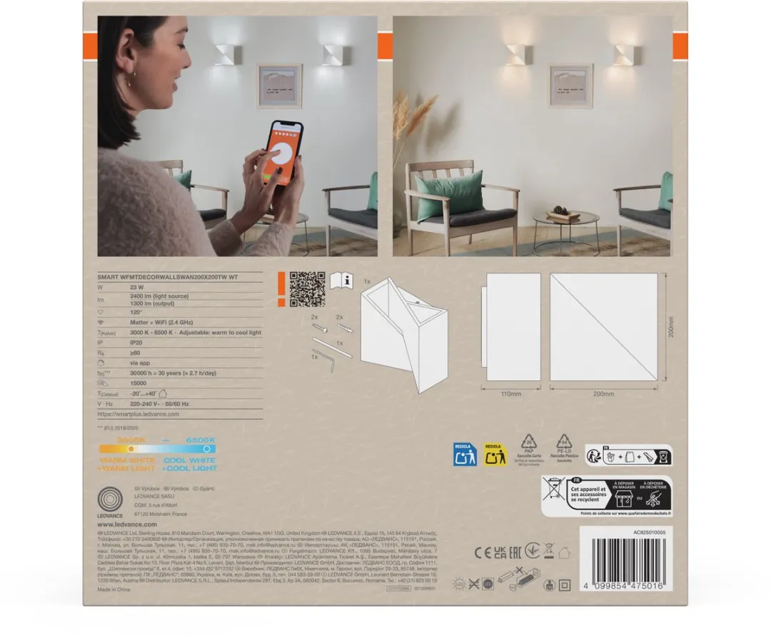 Osram SMART+ Matter Wall Swan LED Wandlamp 23W - Wit 200x200mm