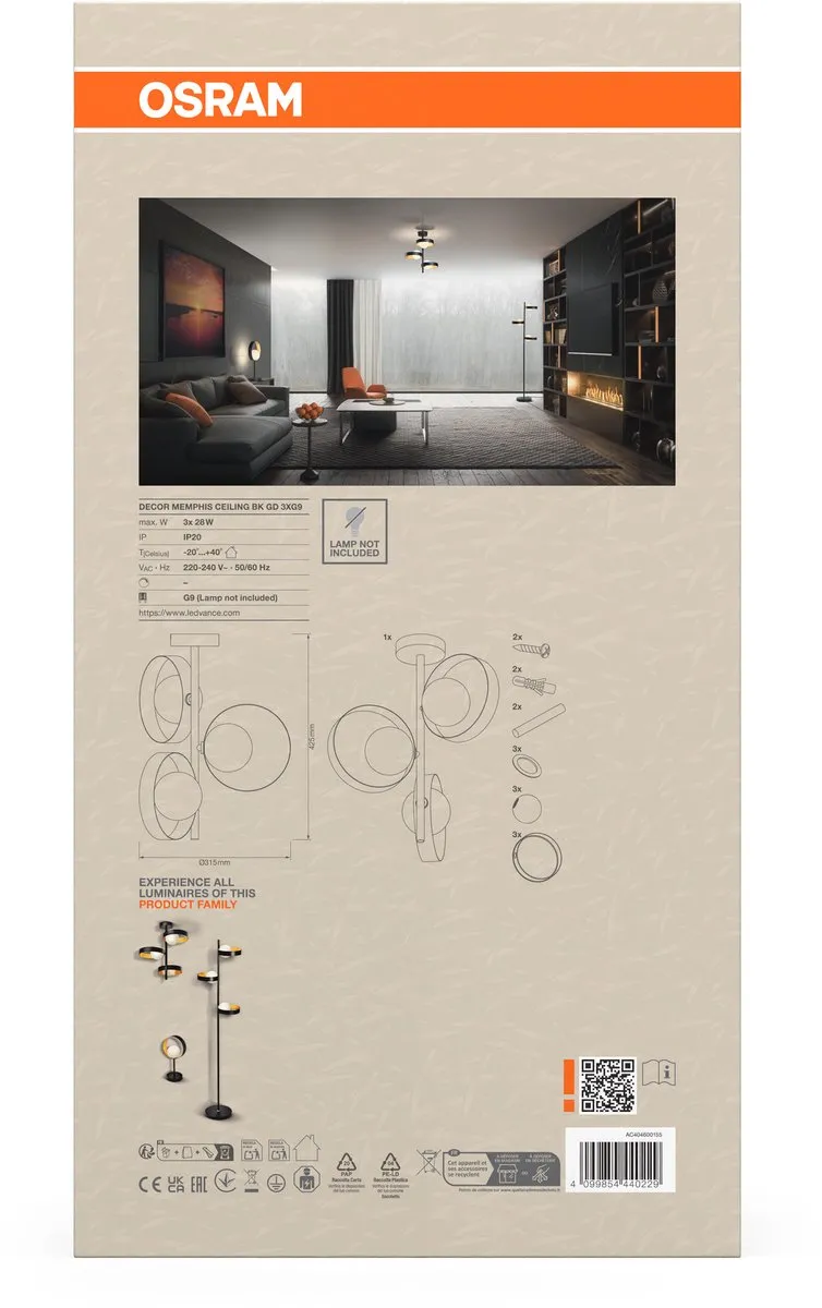 Osram Decor Memphis Plafondlamp 315cm - Zwart/Goud - afbeelding 6 van 6