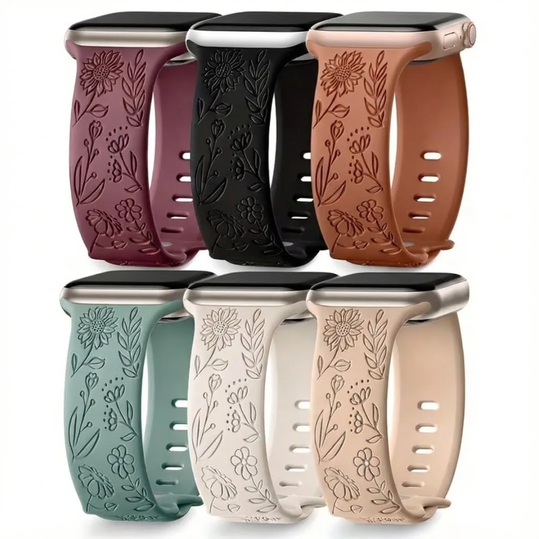 NUVEX Silicone Horlogebandjes Set 6 Stuks - Bloemgravure - Apple Watch 38-42mm
