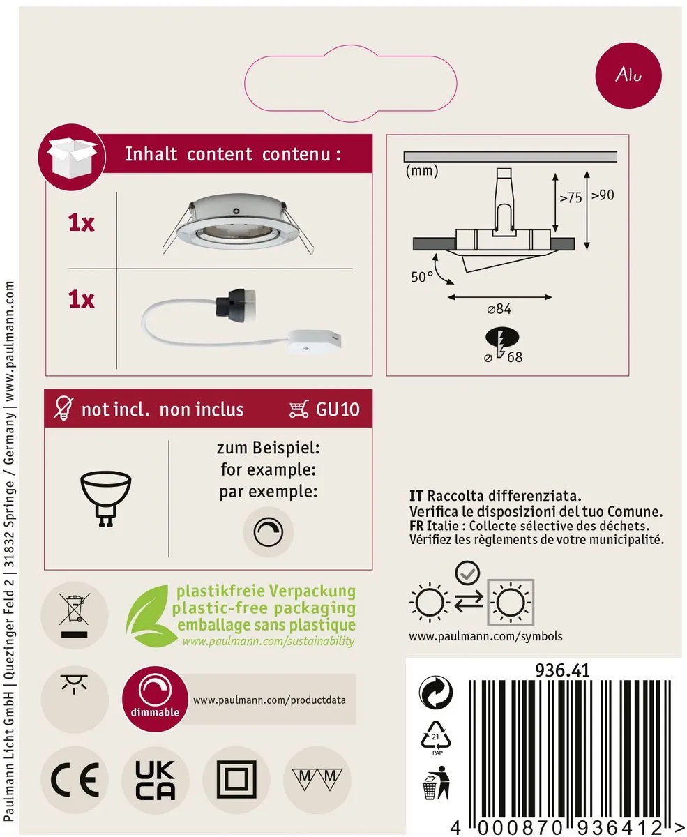 Paulmann Nova Inbouwlamp 84mm GU10 35W - Staal geborsteld - afbeelding 6 van 6
