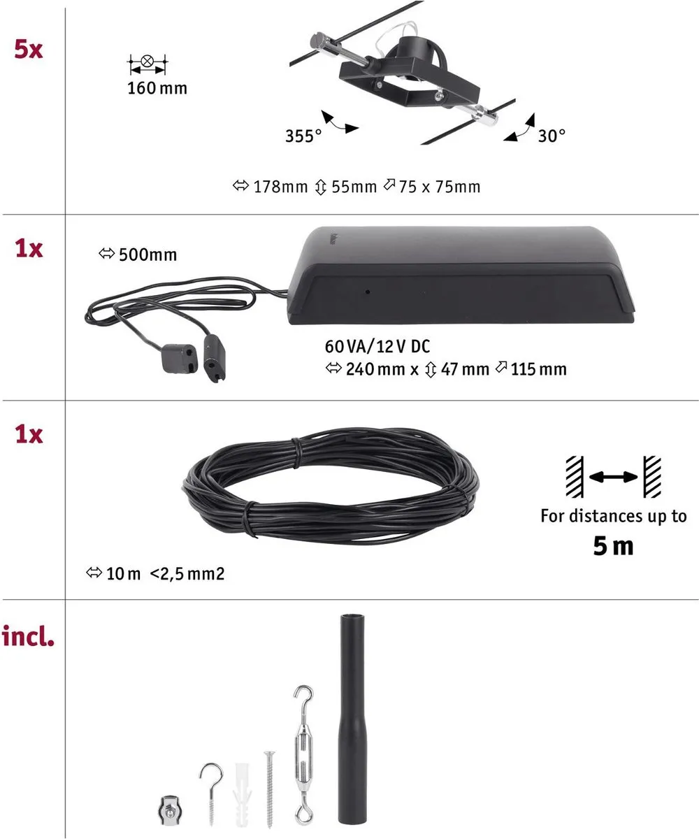 Paulmann 94434 Kabelsysteem GU5.3 - 5 Lichtpunten - Zwart/Chroom
