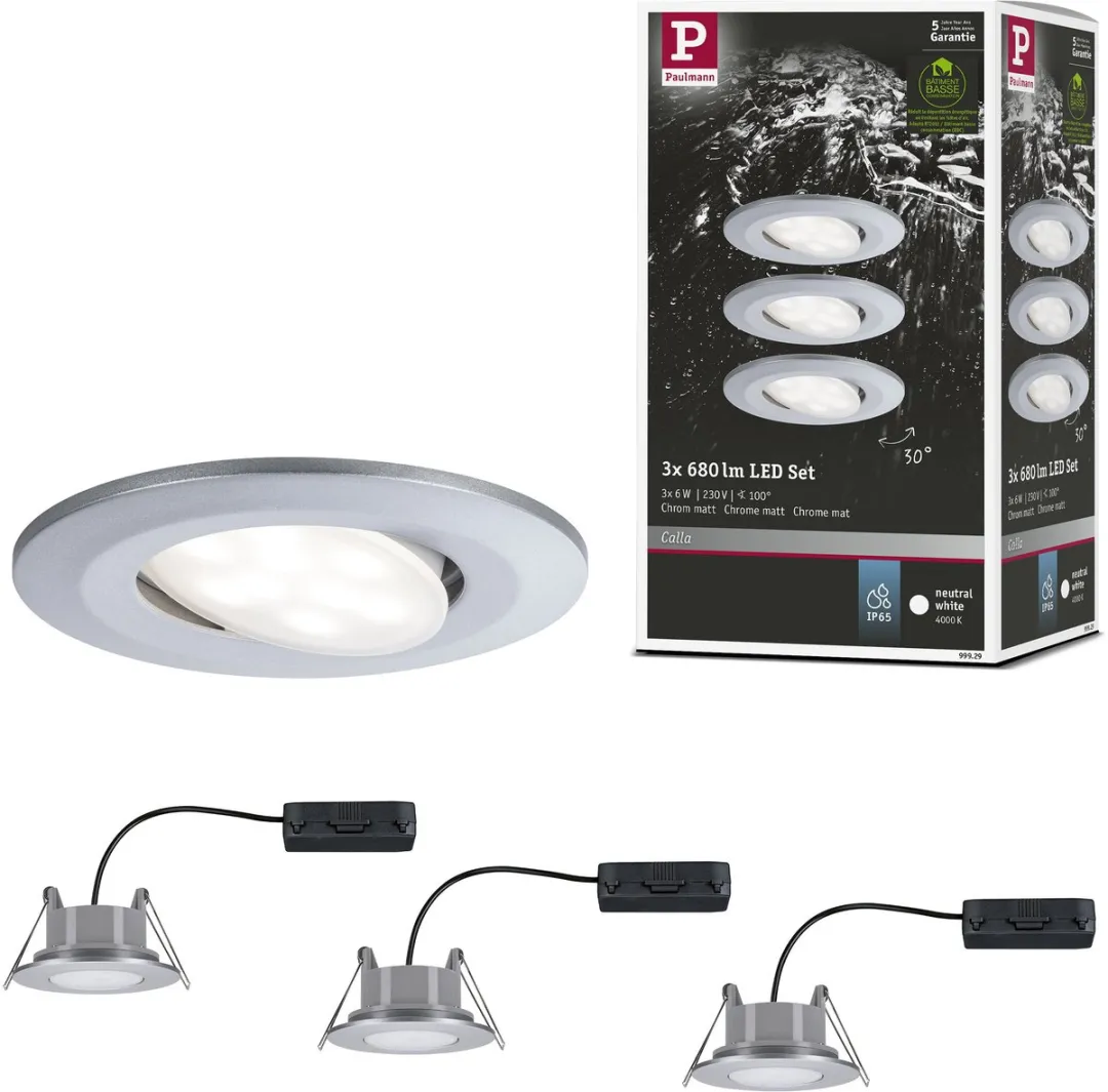 Paulmann LED-inbouwlamp Calla Basisset 3x6W 530lm 90mm - Chroom mat