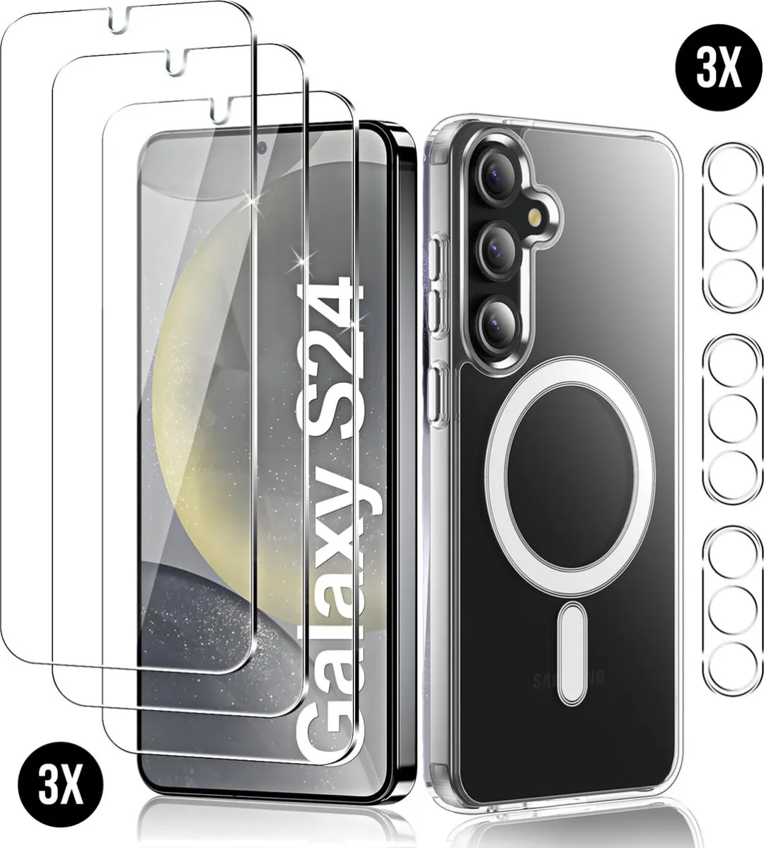 NUVEX Hoesje Galaxy S24 Magsafe - Transparant - 3x Screenprotector + 3x Cameraprotector