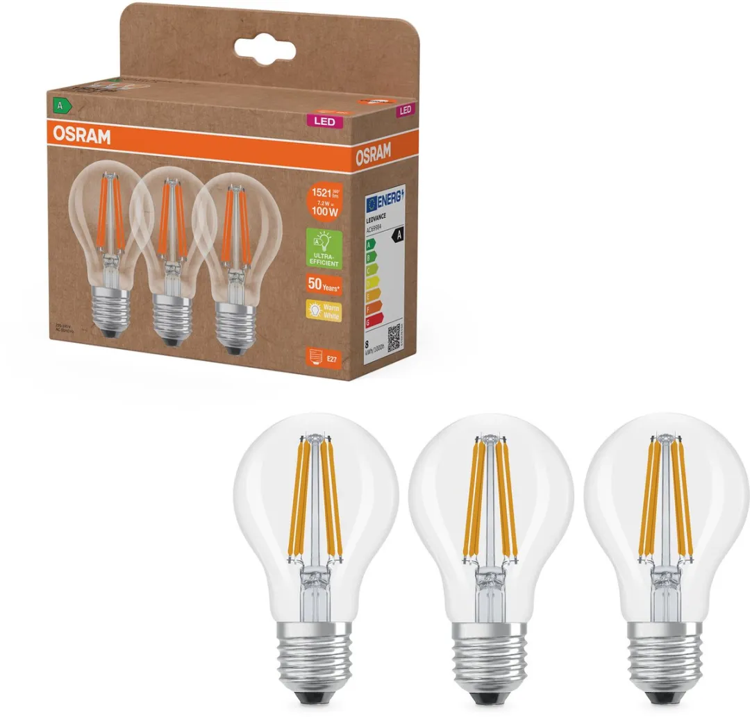 Osram LED Classic A100 Filament 7,2W E27 - 2700K - 1521lm - 3 Stuks