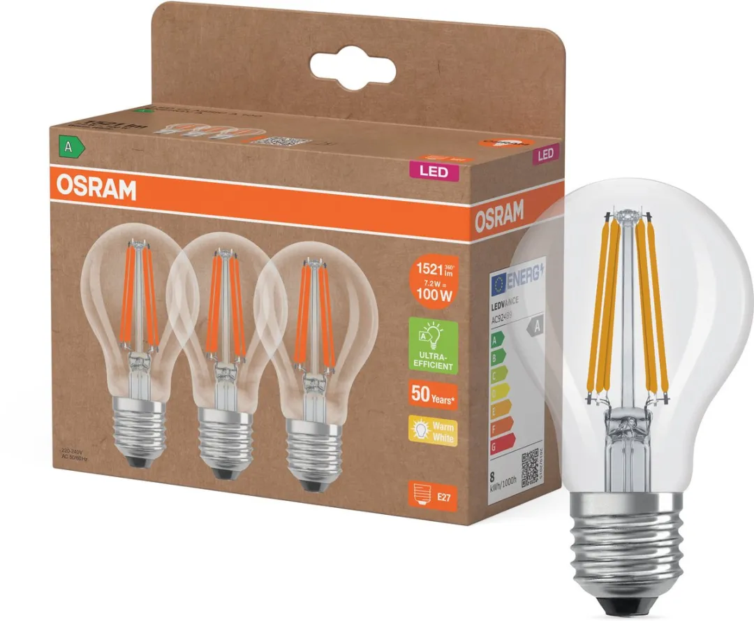 Osram LED Classic A100 Filament 7,2W E27 - 2700K - 1521lm - 3 Stuks