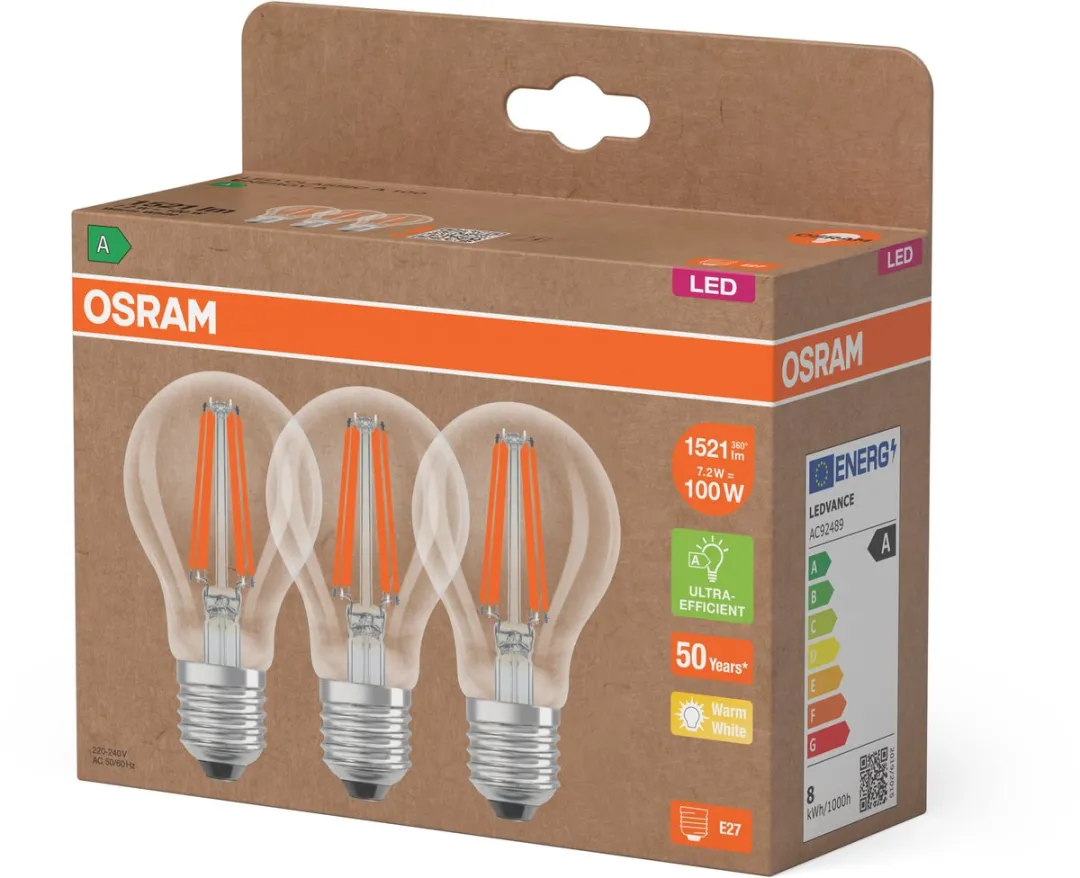 Osram LED Classic A100 Filament 7,2W E27 - 2700K - 1521lm - 3 Stuks