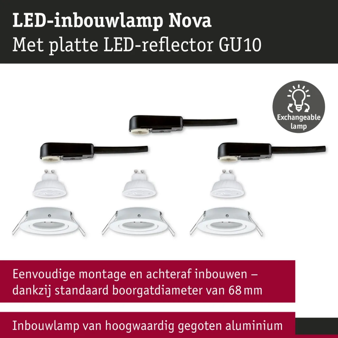 Paulmann Nova GU10 Flat LED-inbouwlamp 3x4,9W 550lm 2700K - Wit mat