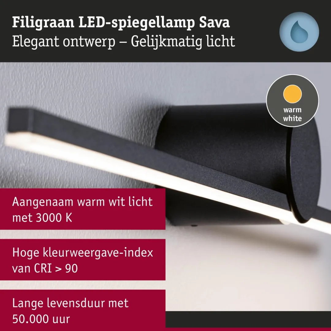 Paulmann LED Spiegellamp Sava IP44 3000K 300lm - Zwart mat