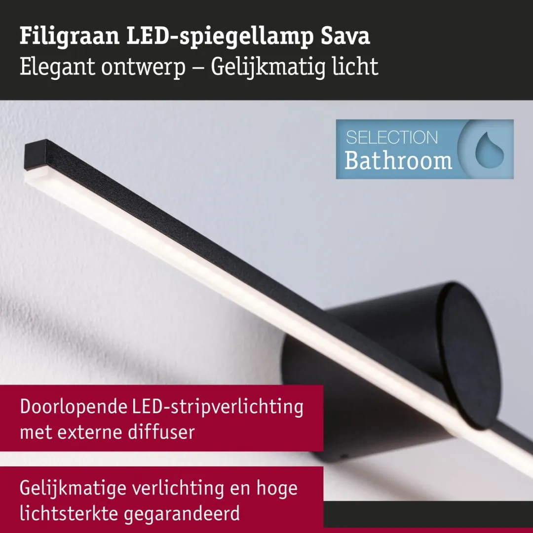 Paulmann LED Spiegellamp Sava IP44 3000K 300lm - Zwart mat
