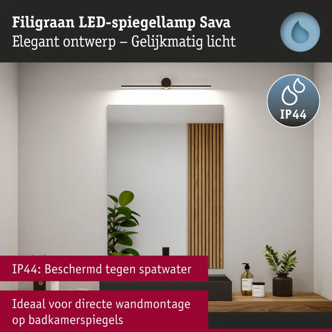 Paulmann LED Spiegellamp Sava IP44 3000K 300lm - Zwart mat
