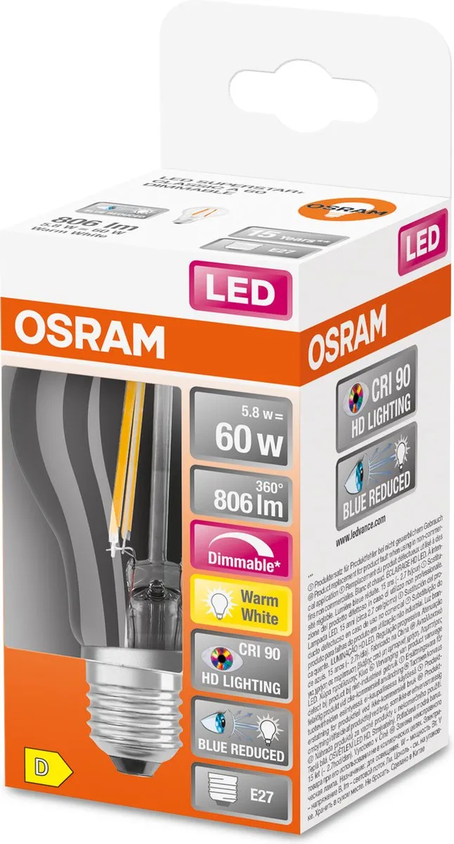 Osram Superstar LED E27 5.8W Matglas Warmwit CRI90 - 1 Stuk - afbeelding 6 van 6