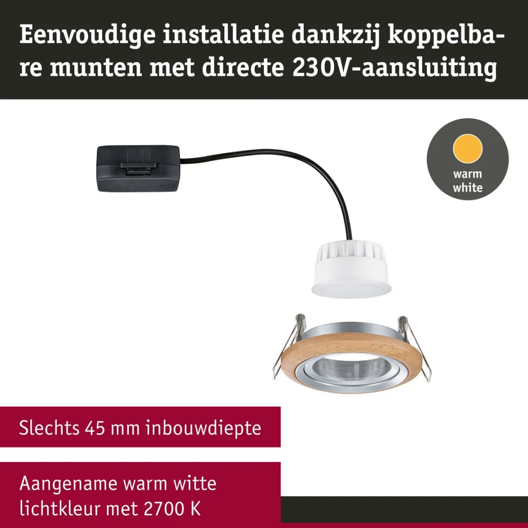 Paulmann Lanati LED-inbouwspot 6W 470lm 2700K - 84mm Geoliede eikenkleur