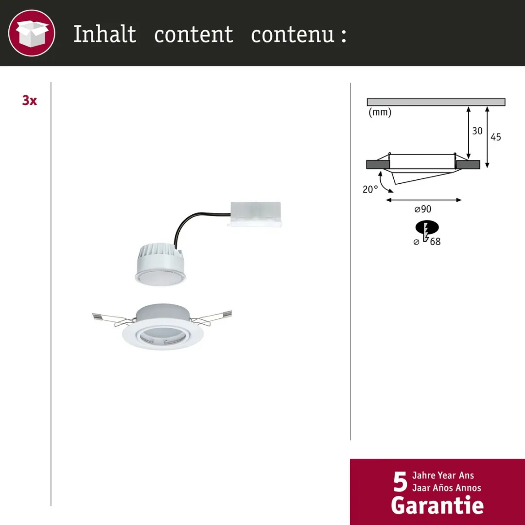 Paulmann Base Coin Basisset LED-inbouwlamp 3x5W 370lm 90mm - 3000K Wit - afbeelding 6 van 6
