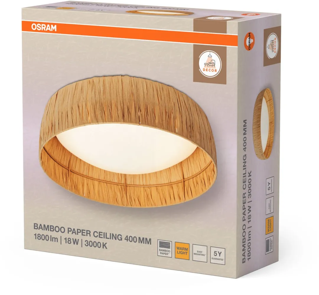 Osram Decor Bamboo Paper Ceiling 400 LED Plafondlamp 18W 750lm - Bruin - afbeelding 6 van 6