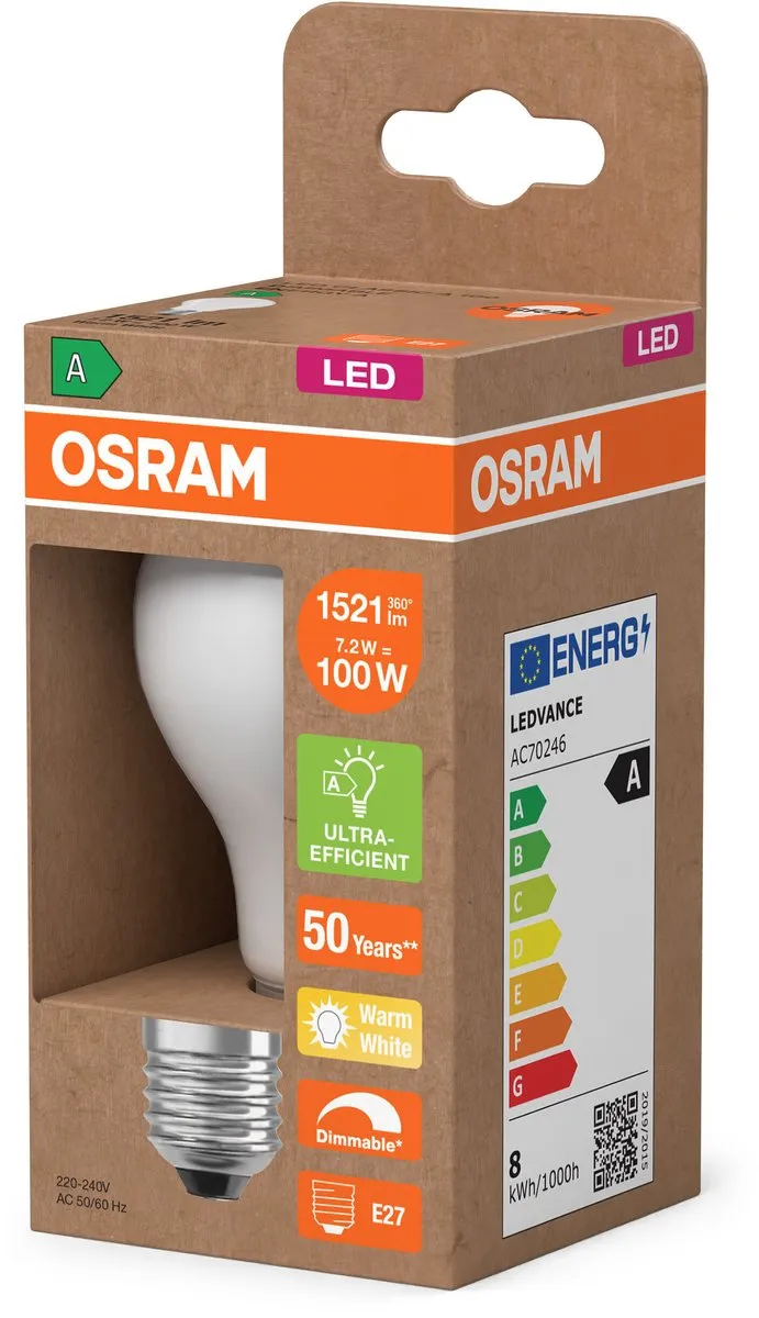 Osram Classic A100 LED E27 7,2W 1521lm Warm Wit Mat - afbeelding 6 van 6