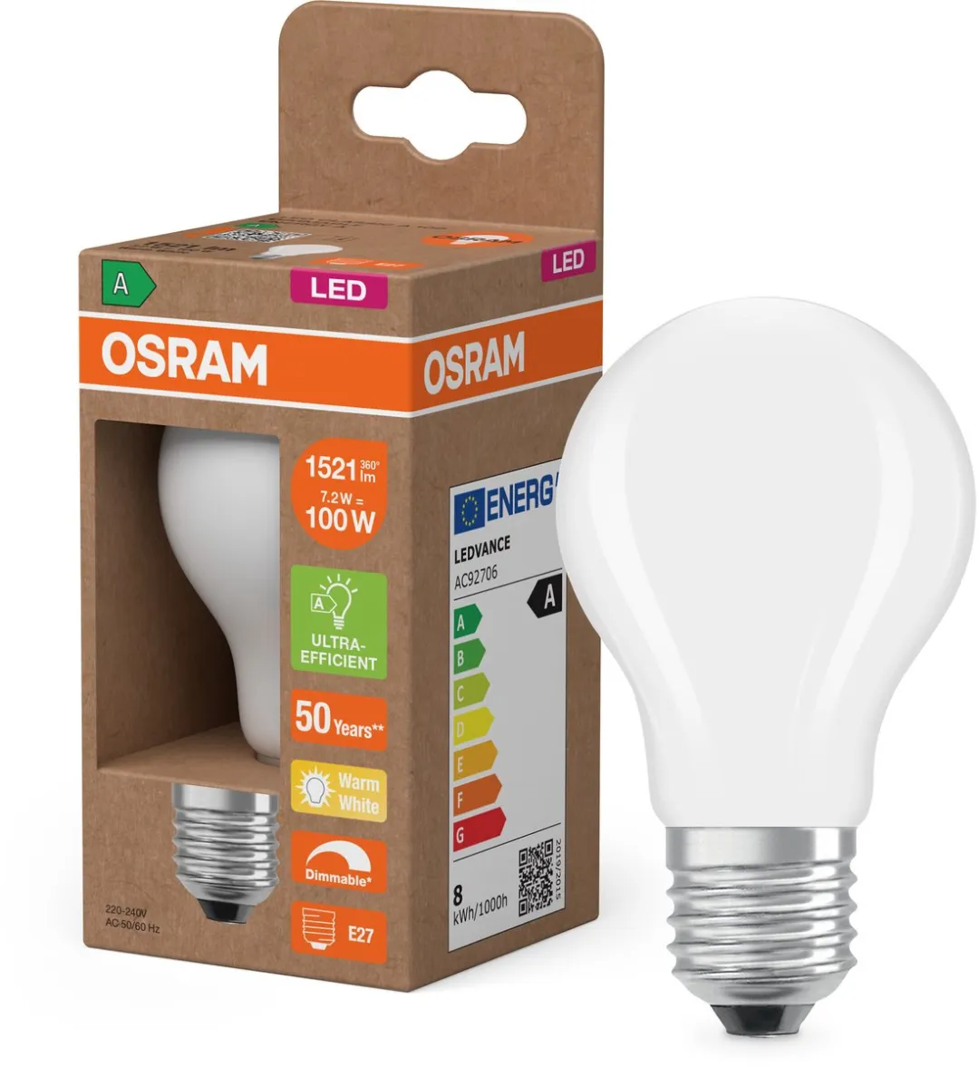 Osram Classic A100 LED E27 7,2W 1521lm Warm Wit Mat