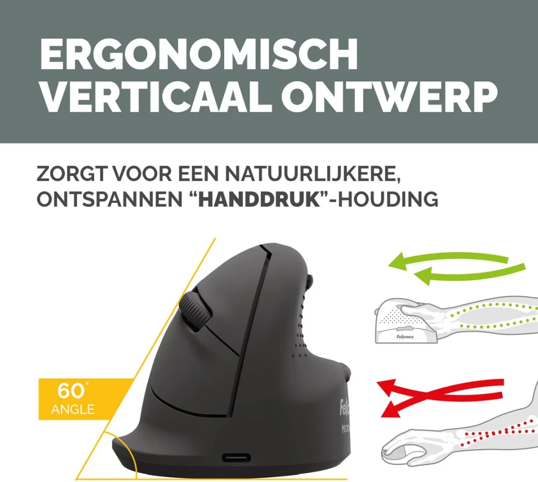 Fellowes Breyta™ Plus+ Verticale Muis Medium – Ergonomisch Rechtshandig – 3‑in‑1 (Bluetooth / USB‑C / Bedraad) – 2400 DPI – Antibacterieel - Zwart