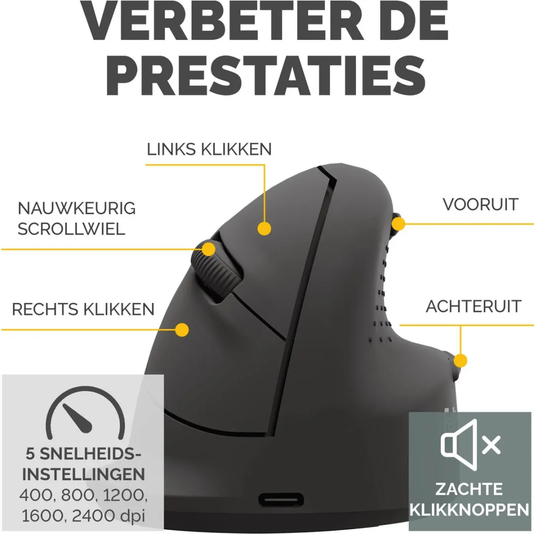Fellowes Breyta™ Plus+ Verticale Muis Medium – Ergonomisch Rechtshandig – 3‑in‑1 (Bluetooth / USB‑C / Bedraad) – 2400 DPI – Antibacterieel - Zwart
