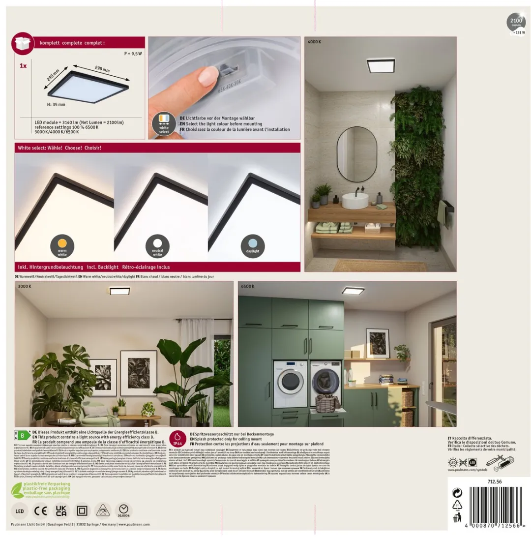 Paulmann Atria Shine LED-paneel 298x298mm 15,7W 2100lm Zwart - afbeelding 6 van 6