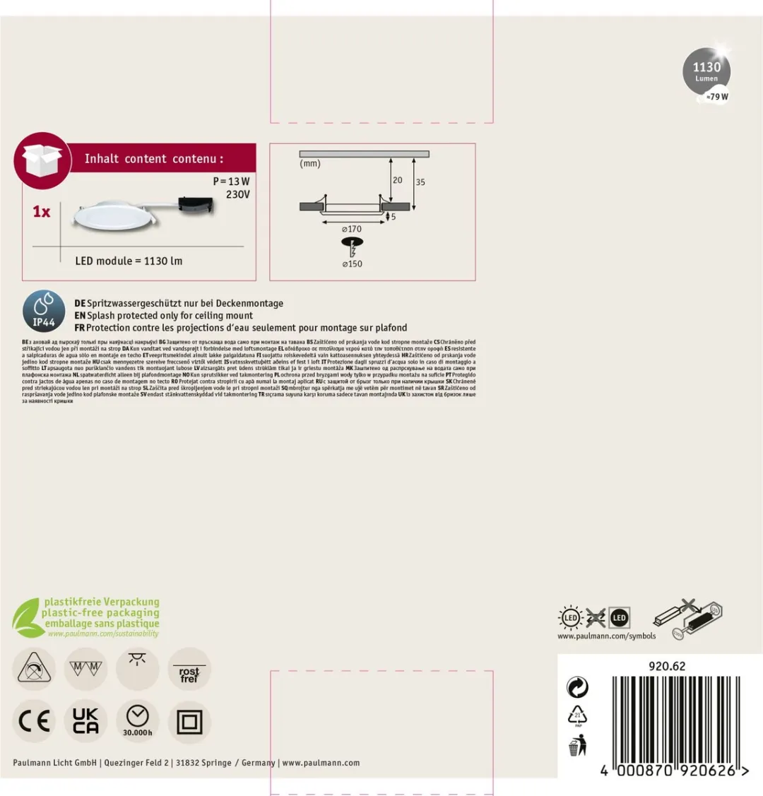 Paulmann LED Inbouwpaneel IP44 11,1W 720lm 2700K - Wit - afbeelding 6 van 6