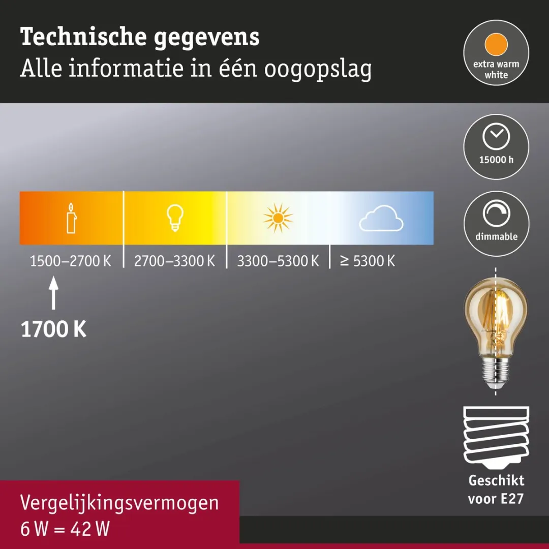 Paulmann 1879 Filament LED-gloeilamp E27 6W 470lm 1800K - Goud - afbeelding 6 van 6