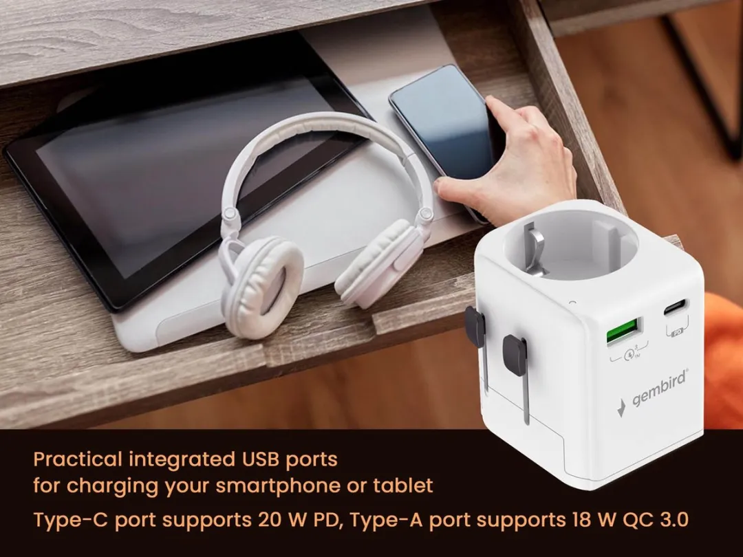 Gembird Universele Reisadapter A-USB-AC-02 20W - Wit - afbeelding 6 van 6