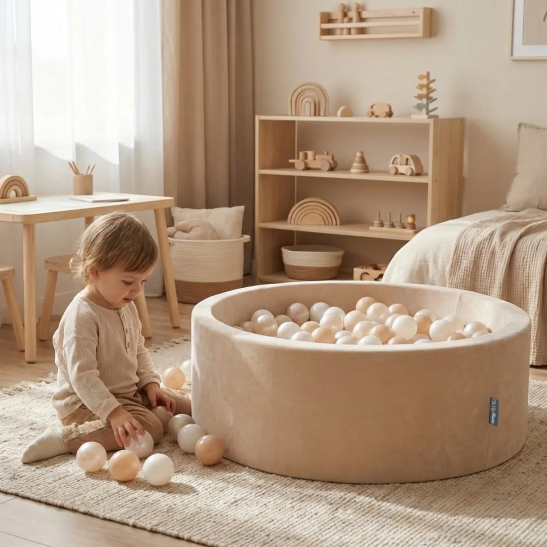 KiddyMoon Fluwelen Ballenbad 90x30cm - 300 Ballen Zandbeige