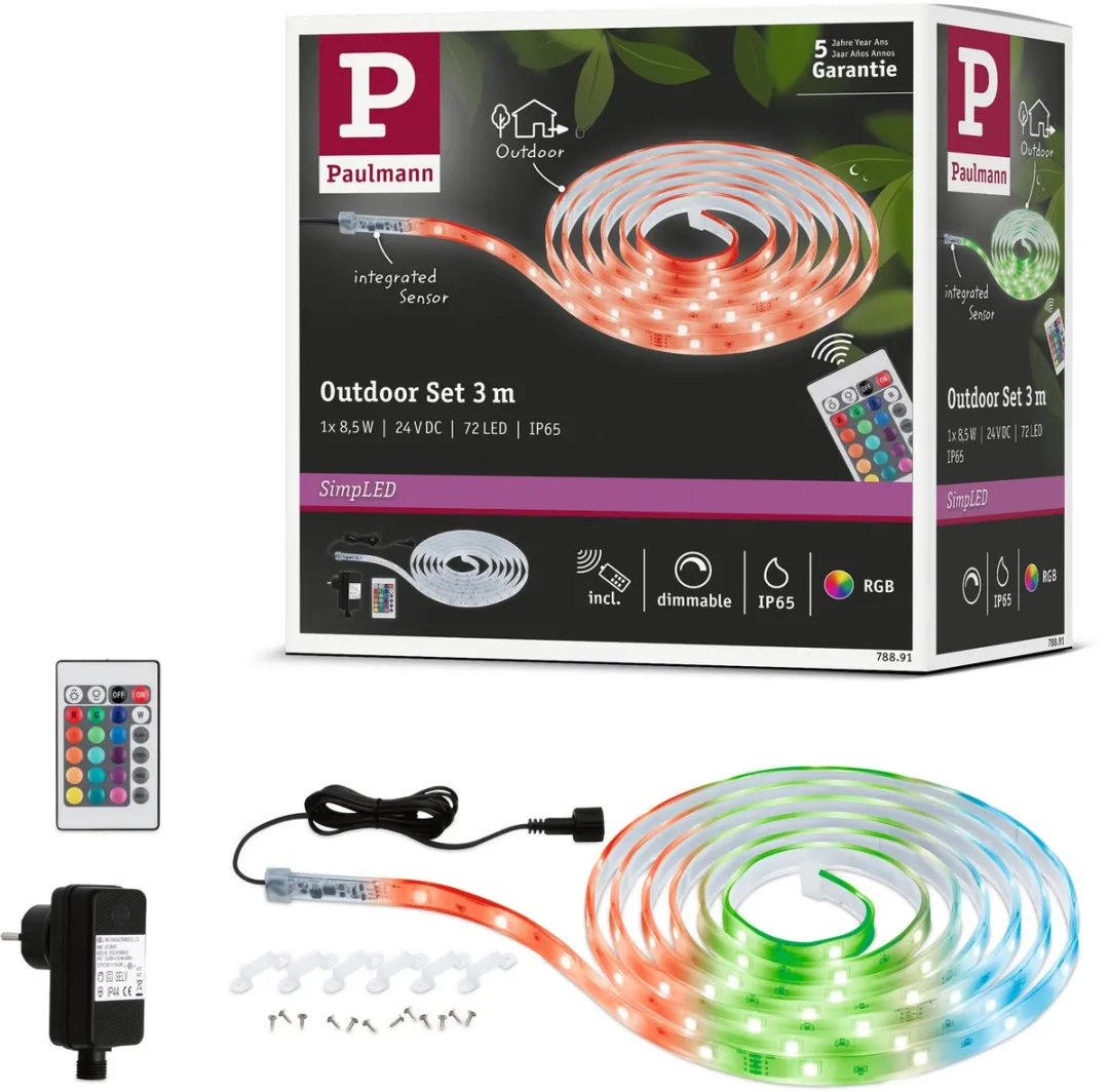 SimpLED LED Strip Outdoor Volledige set 3m gecoat IP65 8,5W 39lm/m 24 LEDs/m RGB