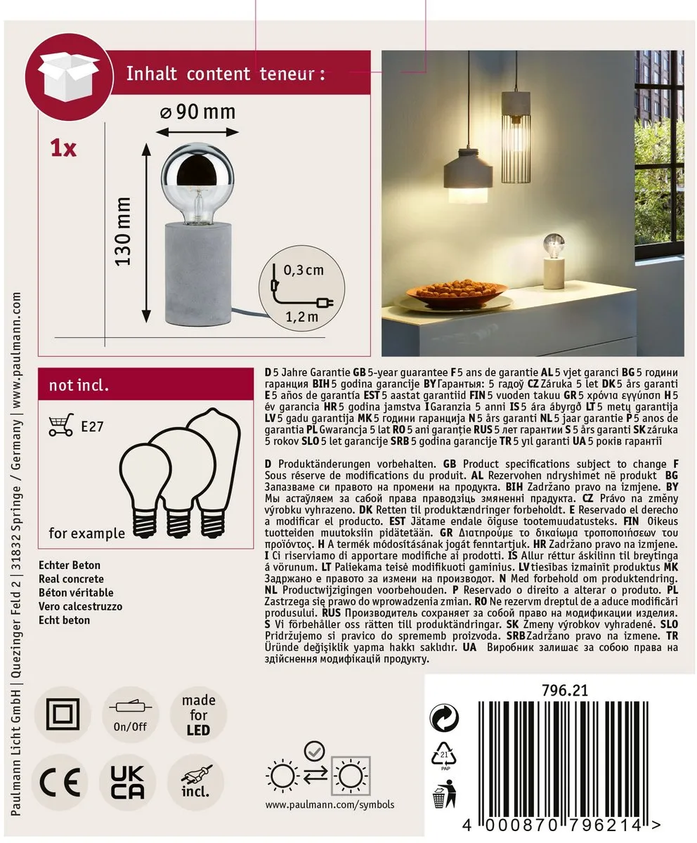 Paulmann Neordic LED-tafellamp Mik E27 20W - Grijs Beton