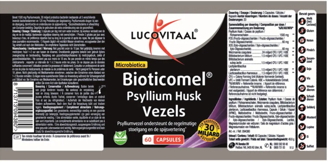 Lucovitaal Psyllium Husk Vezels Bioticomel 60 capsules - afbeelding 2 van 2