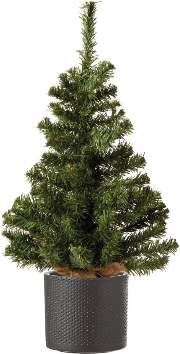 Volle mini kerstboom groen in jute zak 60 cm