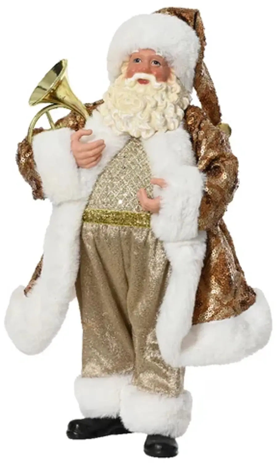 Kerstman figuur met gouden jas en blaasinstrument
