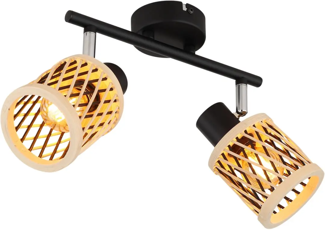 Plafondspot bamboe plafondlamp 2 vlammen woonkamerlamp zwenkbaar, metaal, 2x E14
