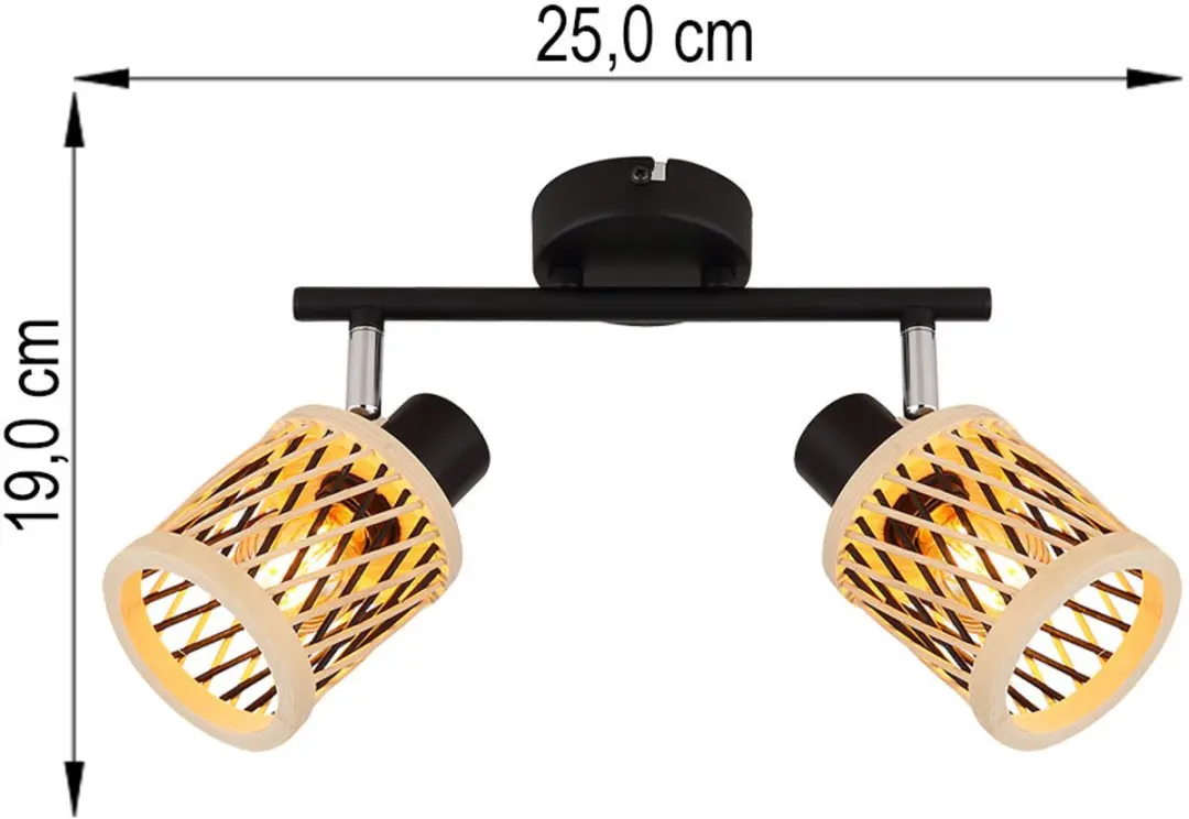 Plafondspot bamboe plafondlamp 2 vlammen woonkamerlamp zwenkbaar, metaal, 2x E14, LxH 25 x 19 cm - afbeelding 4 van 6