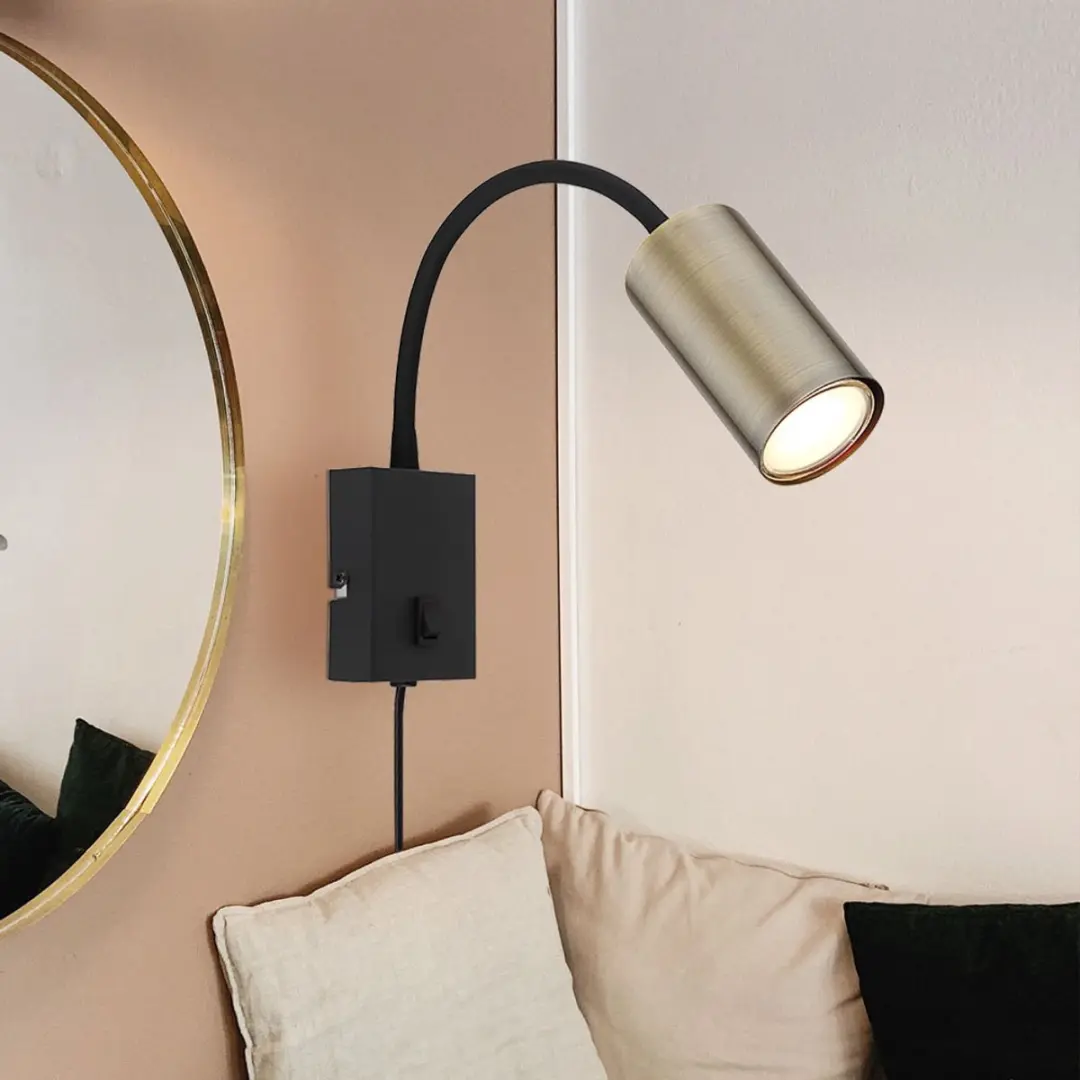 Globo Zwarte wandlamp Robby met messing - 57911WM - afbeelding 5 van 6