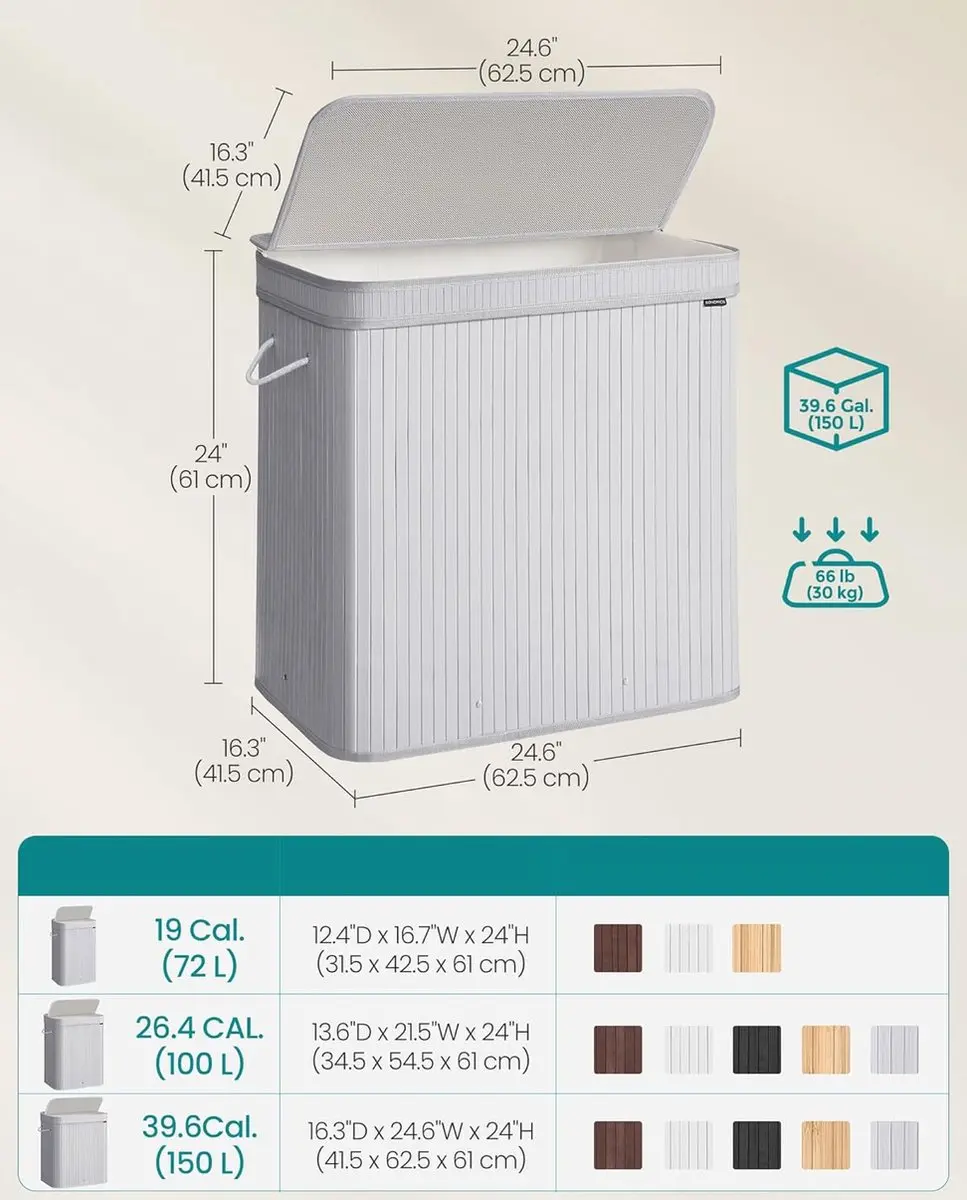 Songmics Wasmand met deksel 150 liter - Duifgrijs - afbeelding 2 van 6