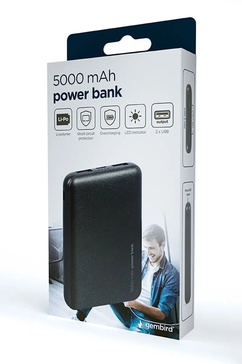 Gembird PB05-02 Powerbank 5000mAh - Zwart - afbeelding 6 van 6