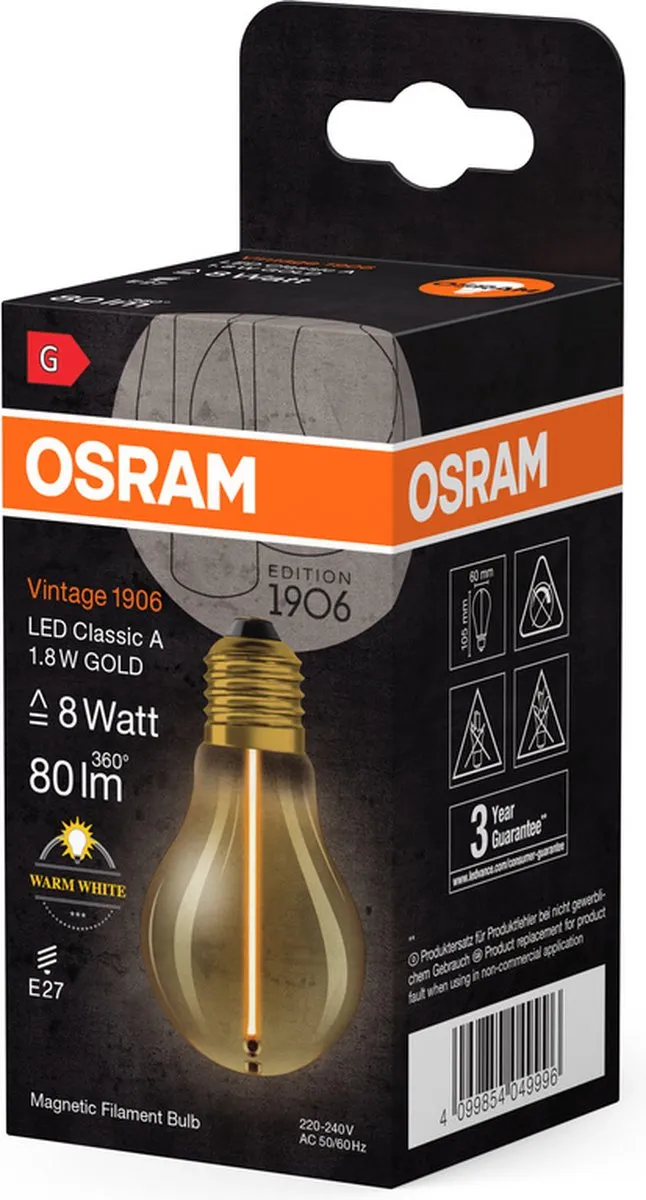 Osram Vintage 1906 Classic A LED - 1,8W 80lm Warm wit - Helder glas