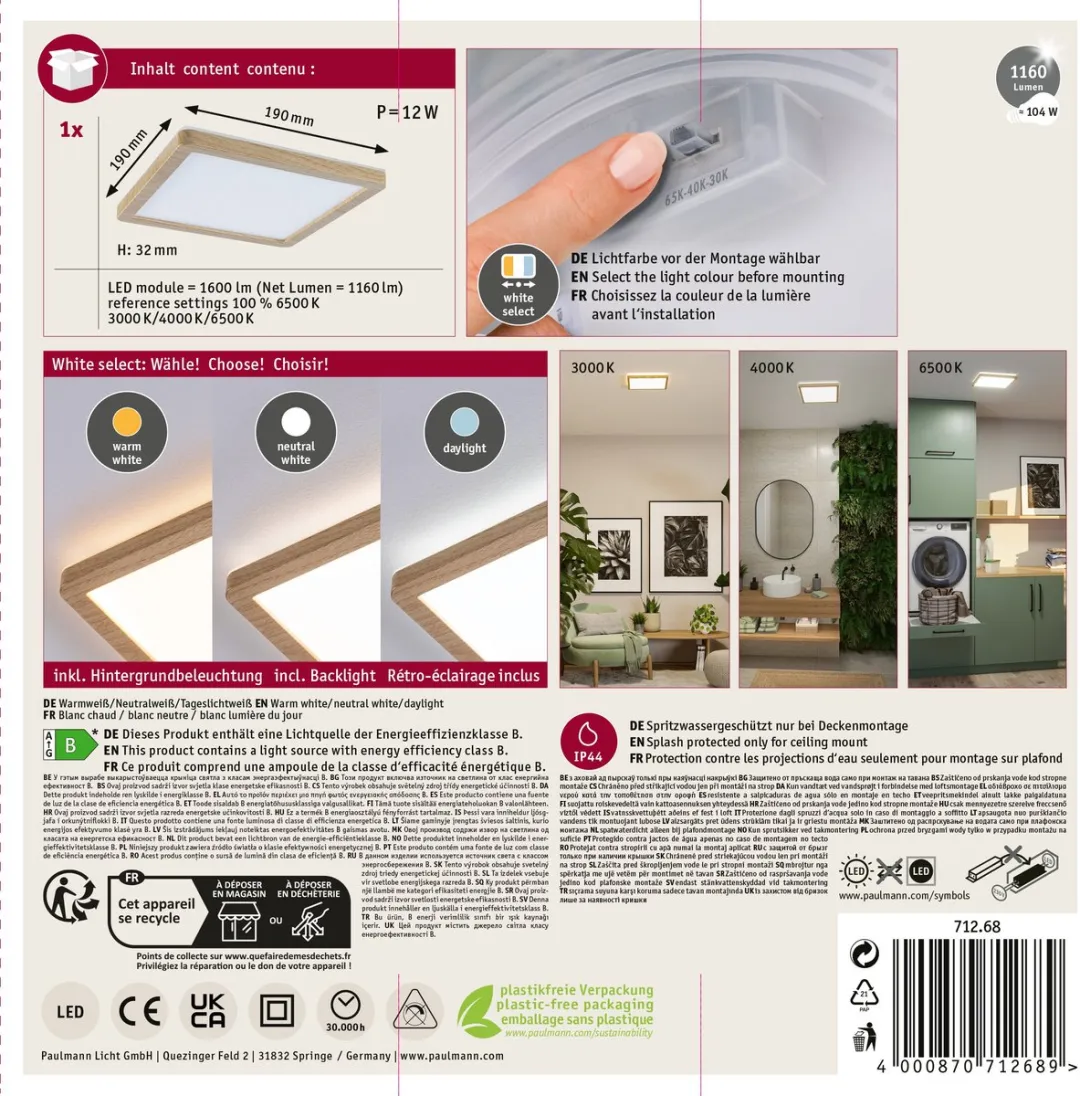 Paulmann Atria Shine LED-paneel 8W 1160lm 3000-6500K Houtlook - afbeelding 6 van 6