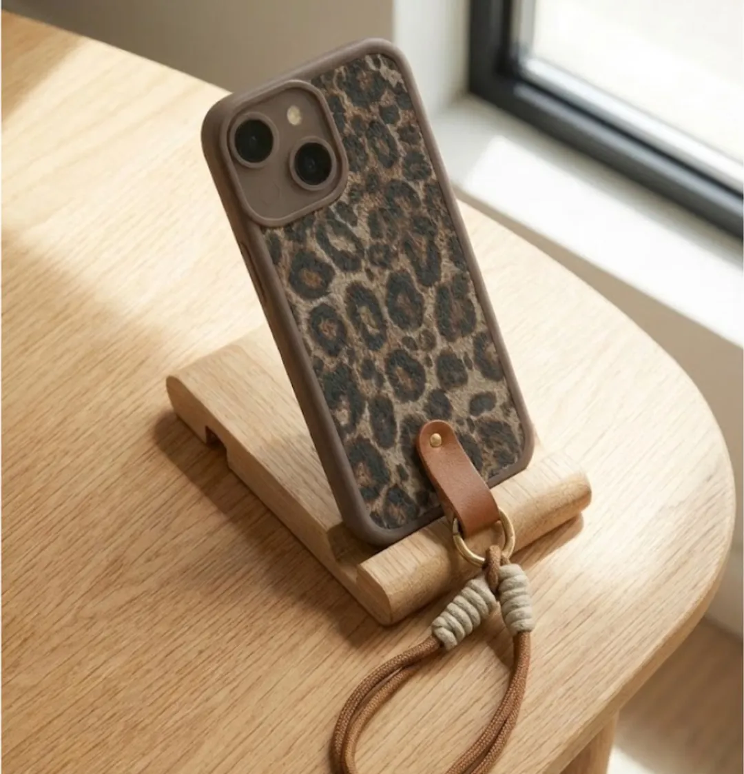 NUVEX iPhone 15 Plus Hoesje Bruin Luipaard Print - met Koord