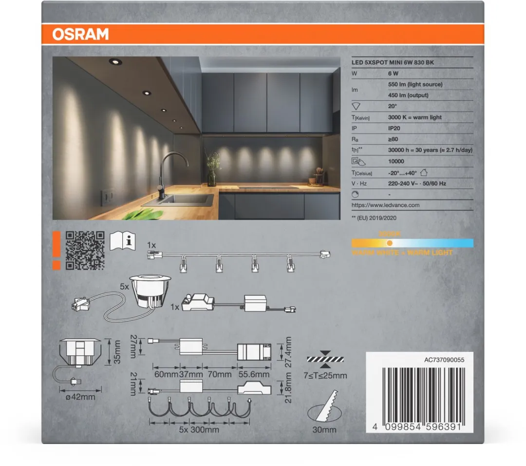Osram Mini Spot LED Inbouwspot 6W - Set van 5 - 42mm - Zwart - afbeelding 4 van 5