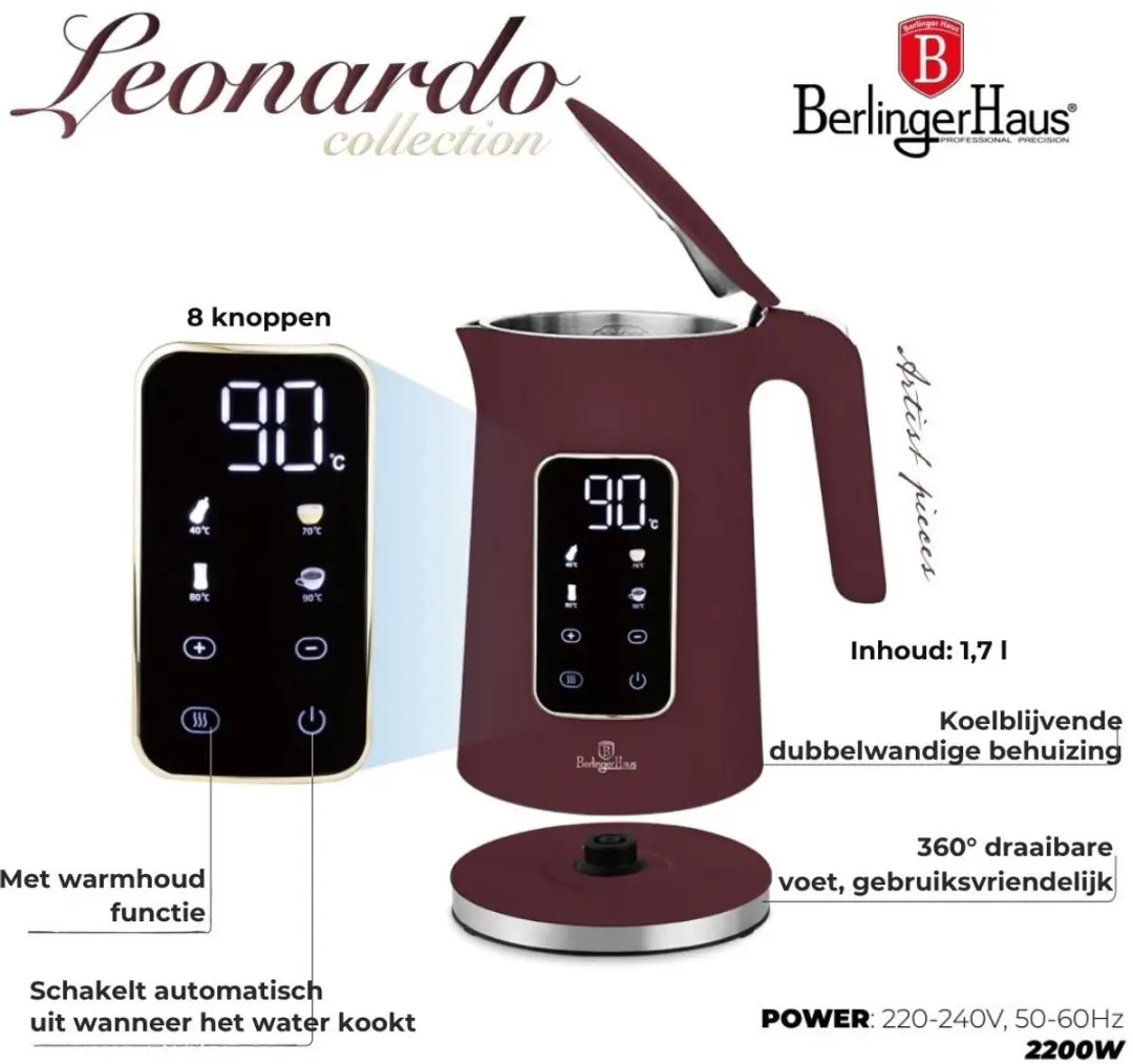 BerlingerHaus 9735 Digitale Waterkoker 1.7L - Bordeaux Rood - afbeelding 5 van 6