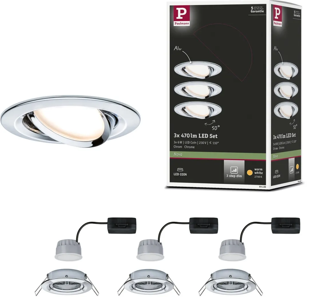 Paulmann Nova Coin Basisset LED-inbouwlamp 3x6W 470lm 2700K - Chroom