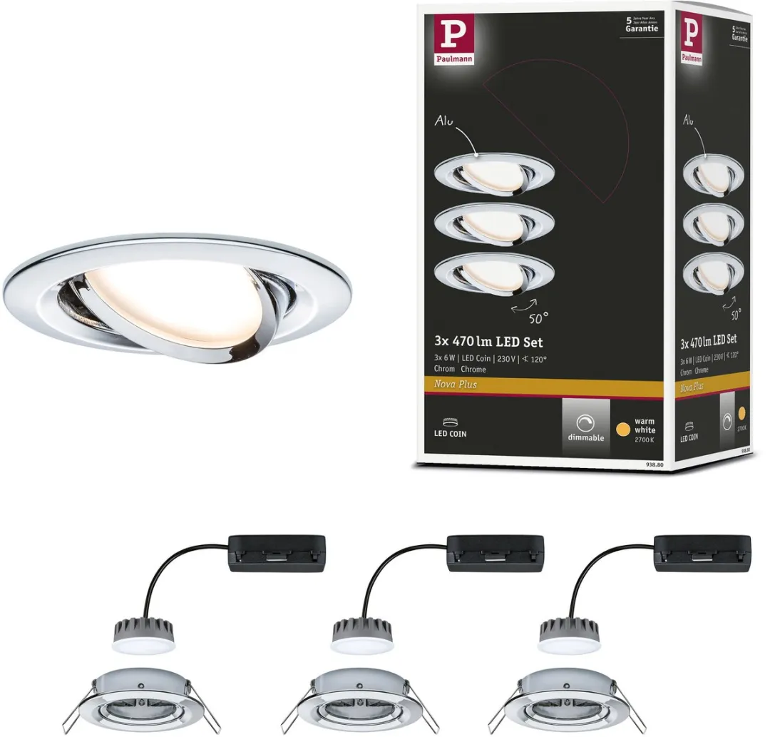 Paulmann Nova Plus Coin Basisset LED-inbouwlamp 3x6W 470lm 2700K - 84mm - Chroom