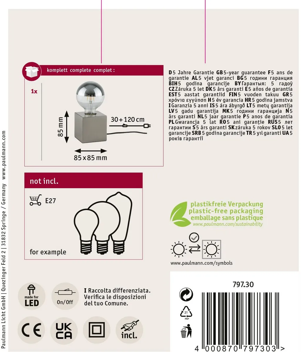 Paulmann Kura LED-tafellamp E27 20W - Staal geborsteld - afbeelding 6 van 6