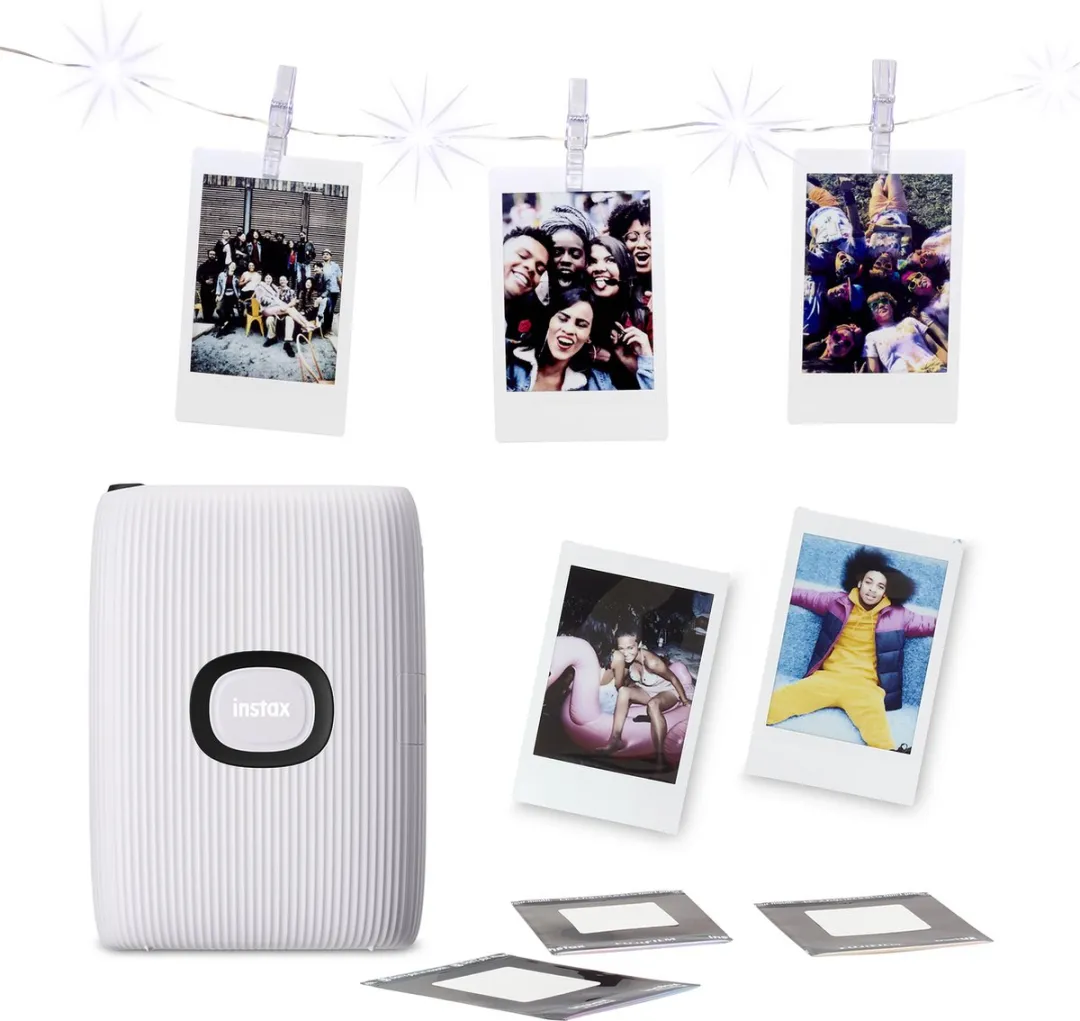 Fujifilm Instax Mini Link 2 - Mobiele fotoprinter - banner met lichtjes en knijpers + dubbelzijdige Instax stickers - Clay White