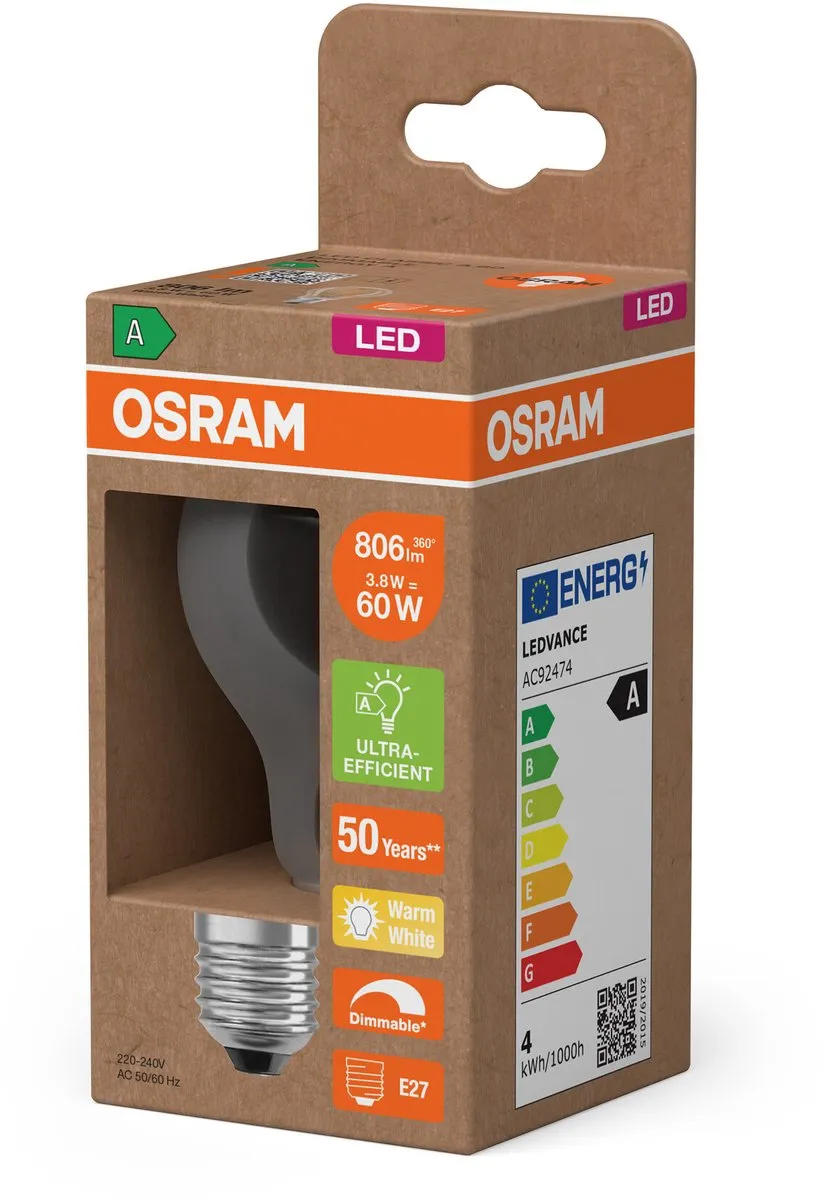Osram Energy Class LED-lamp E27 3,8W 806lm Warm Wit - Helder Glas - afbeelding 6 van 6