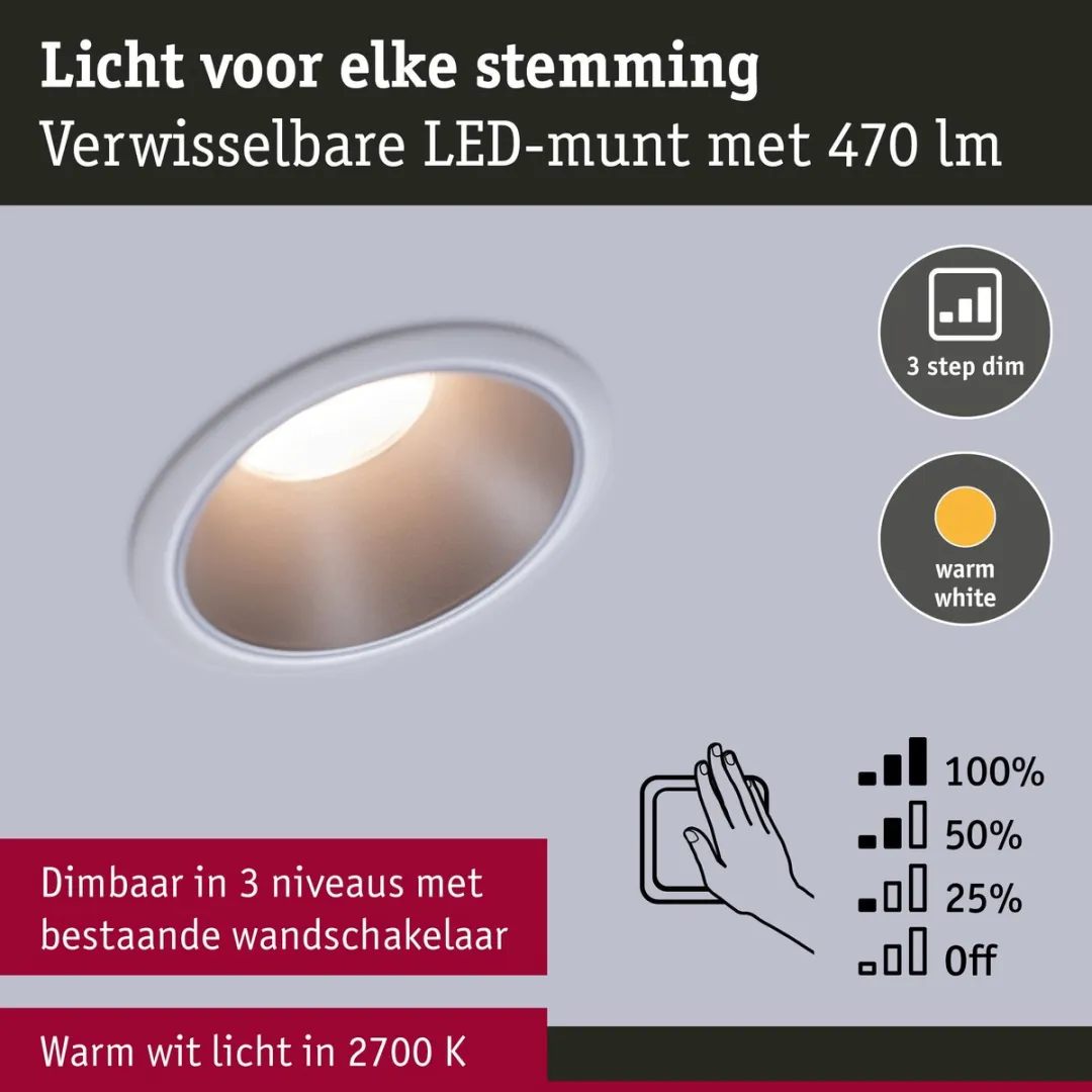 Paulmann LED-inbouwlamp 3-Step-Dim Cole Coin 6W 470lm - 88mm - IP44 - 2700K