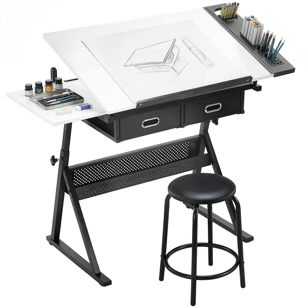 HOMCOM Tekentafel Set-MDF, Metaal-120L x 60B x 68-92H cm-Wit
