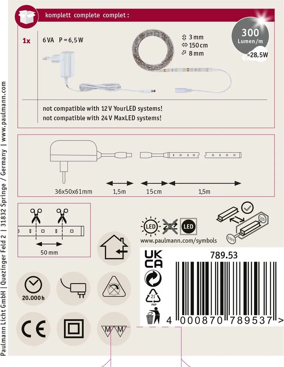 Paulmann SimpLED LED Strip 1,5m Warm Wit 3000K - 5W - 60 LEDs/m